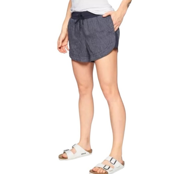ATHLETA Navy Blue Striped Bali Linen Shorts Size 12 - Picture 2 of 13